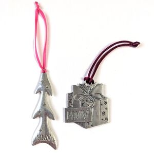 Lot of 2 HMV Music Store Christmas Ornaments - Silver Tone Tree & Present